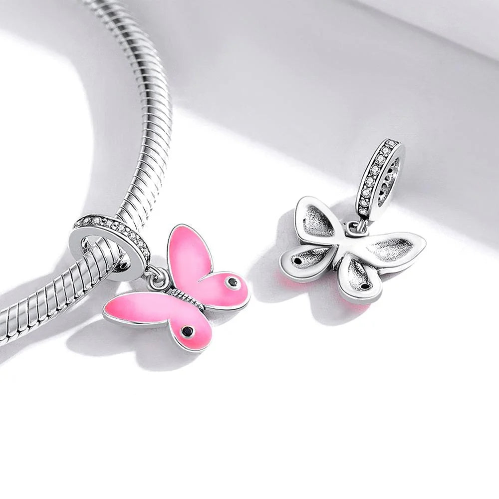 Solid 925 Sterling Silver Pink Sweet Butterfly Pandora Inspired Charm