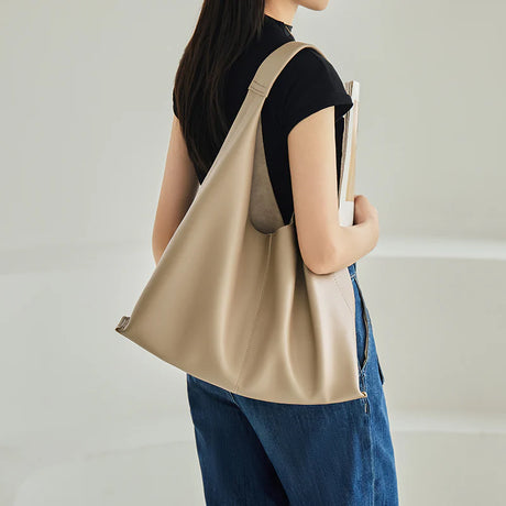 Nalandu Soft Slouch Genuine Leather Oversized Tote Bag - Taupe