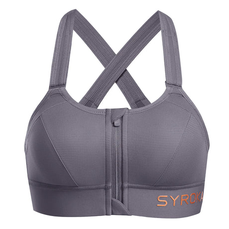 Zip Front Large Padded High Impact Sports Bra - Grey
