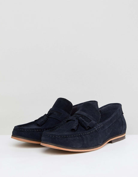 Asos Design Tassel Loafers In Navy Suede With Natural Sole