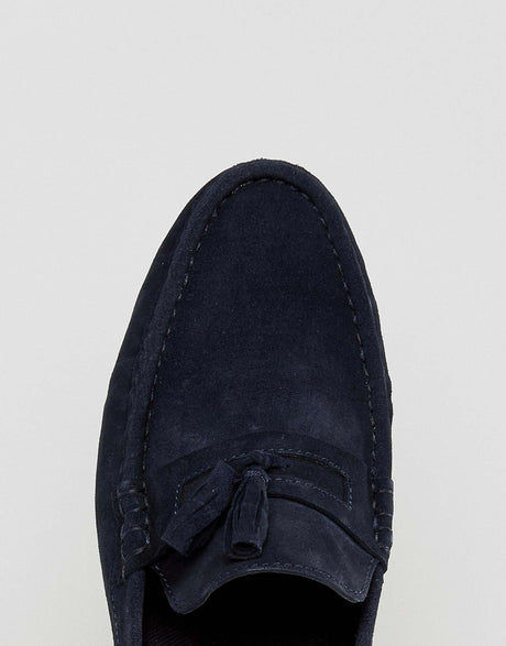 Asos Design Tassel Loafers In Navy Suede With Natural Sole