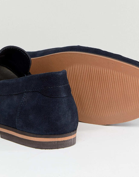 Asos Design Tassel Loafers In Navy Suede With Natural Sole