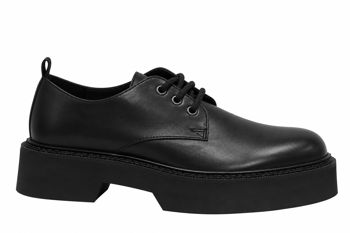 Asos Design Lace Up Square Toe Shoes In Black Leather With Block Colour Chunky Sole
