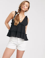 Asos Design Tiered Sun Top With Tie Shoulder In Black
