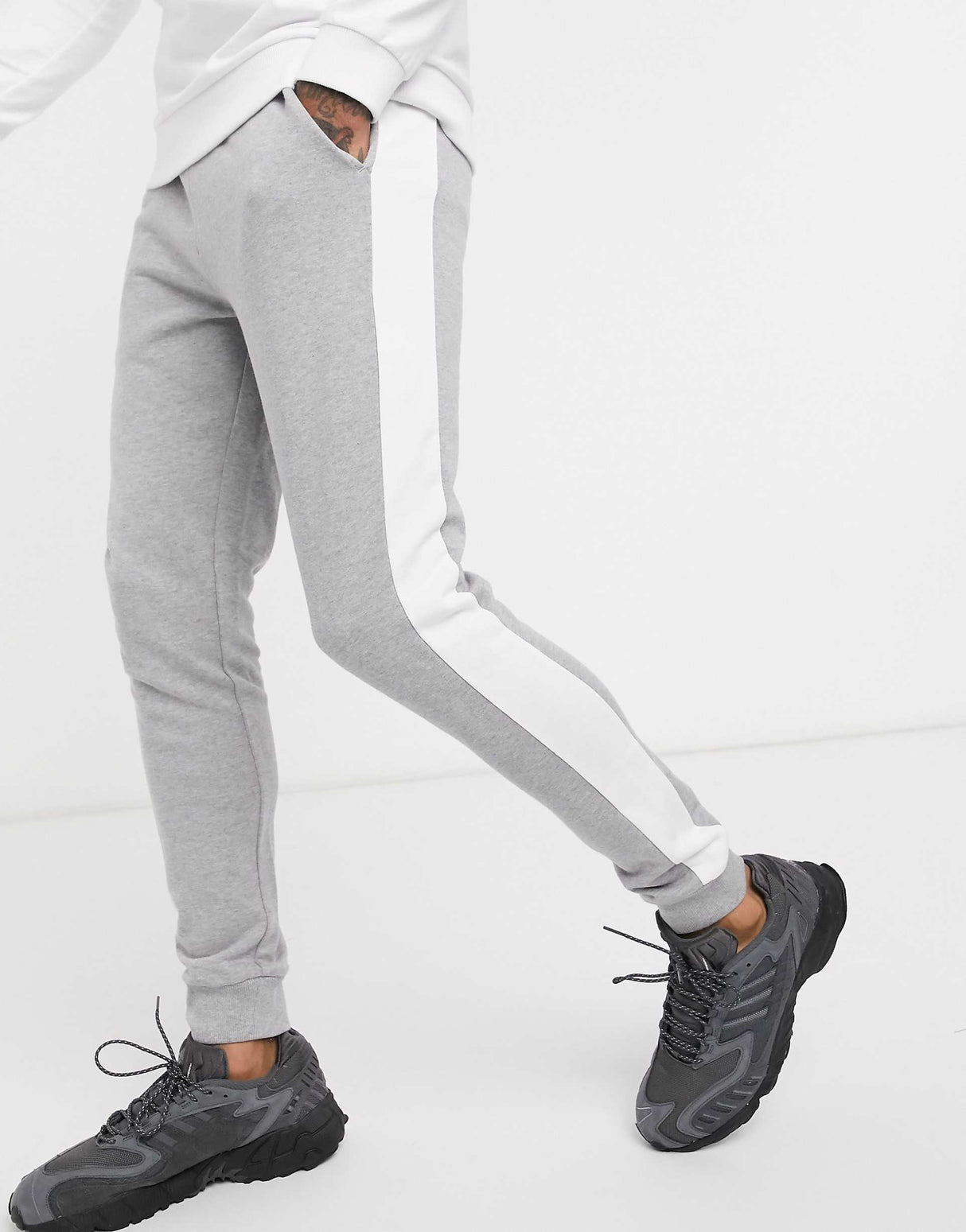 Asos Design Skinny Joggers With Side Stripe In Grey Marl