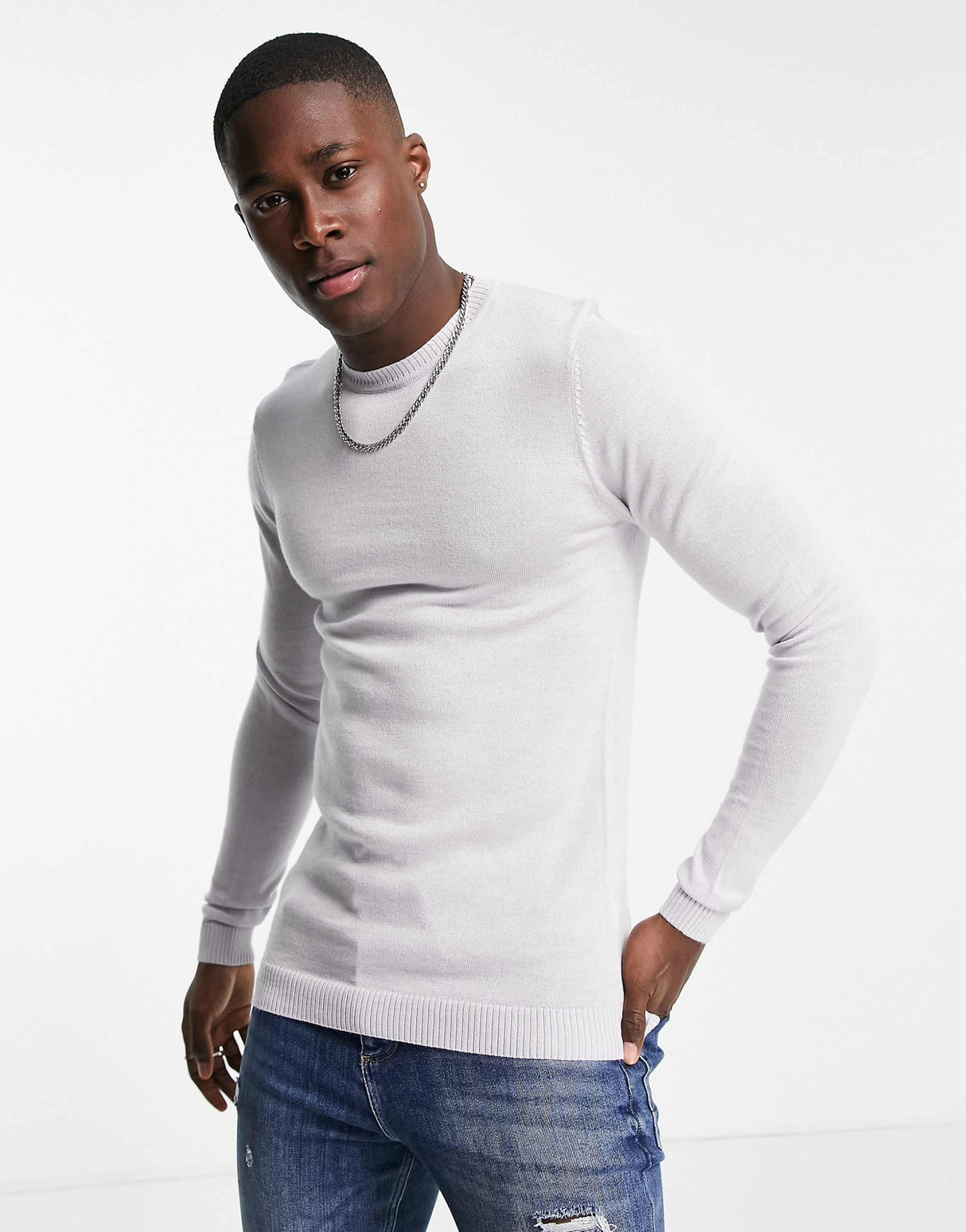 Asos Design Muscle Fit Merino Wool Crew Neck Jumper In Ice Grey