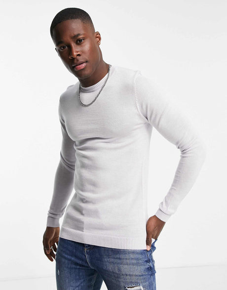 Asos Design Muscle Fit Merino Wool Crew Neck Jumper In Ice Grey