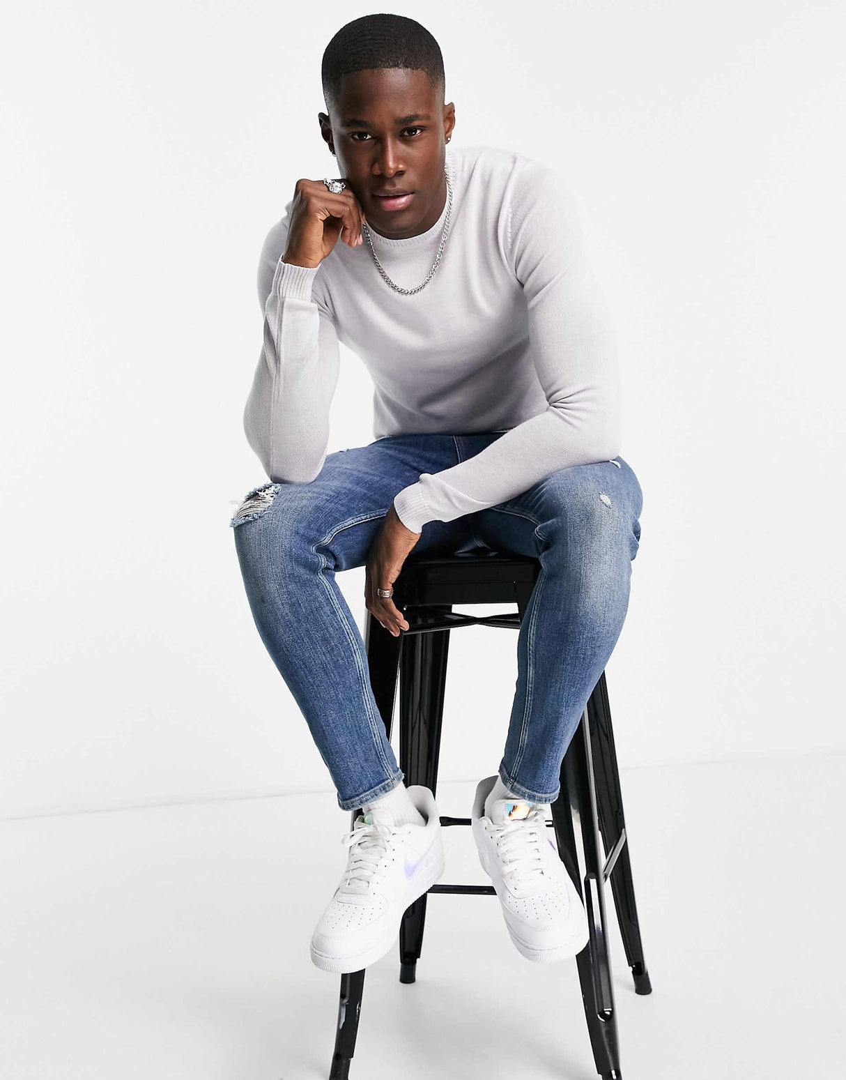 Asos Design Muscle Fit Merino Wool Crew Neck Jumper In Ice Grey