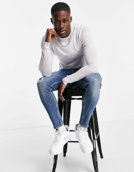 Asos Design Muscle Fit Merino Wool Crew Neck Jumper In Ice Grey