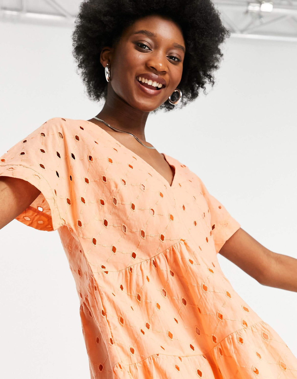 Asos Design Broderie V Front V Back Tiered Mini Smock Dress In Orange