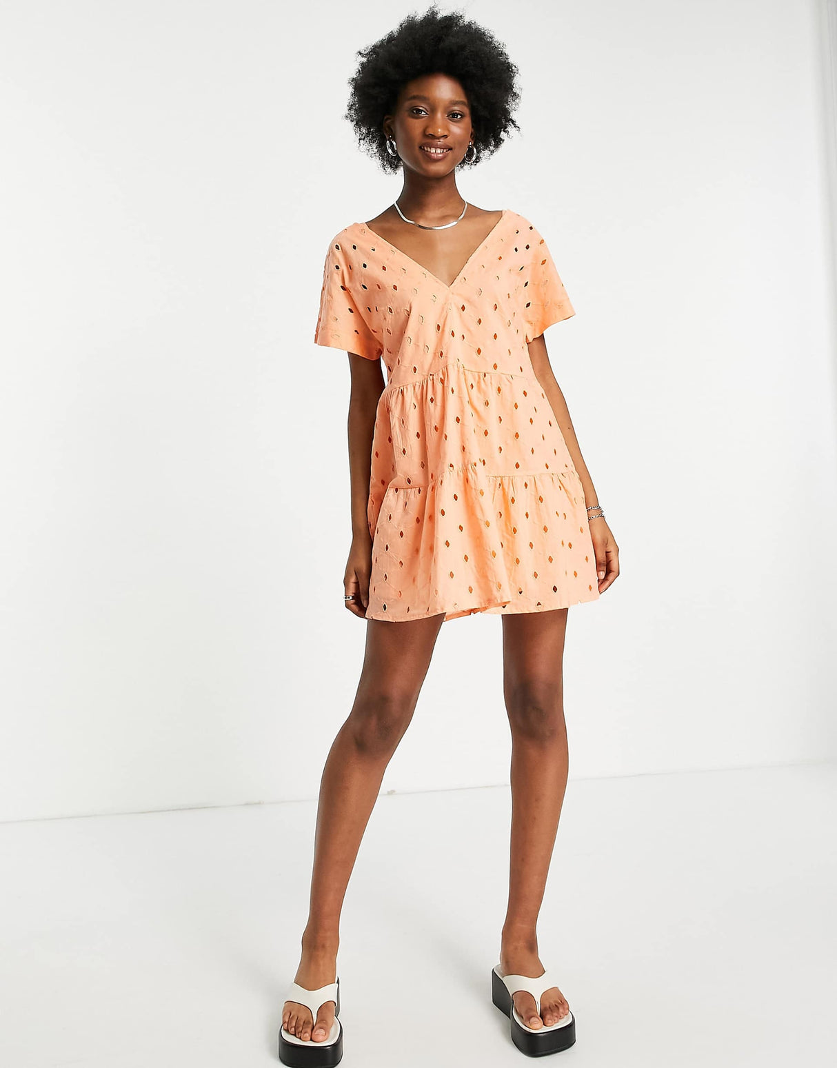 Asos Design Broderie V Front V Back Tiered Mini Smock Dress In Orange