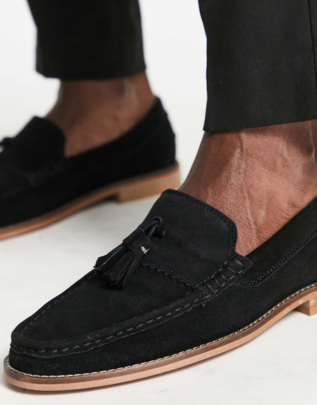 Asos Design Tassel Loafers In Black Suede With Natural Sole