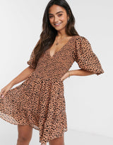 Asos Design Shirred Mini Tiered Smock Dress With V Neck In Spot Print