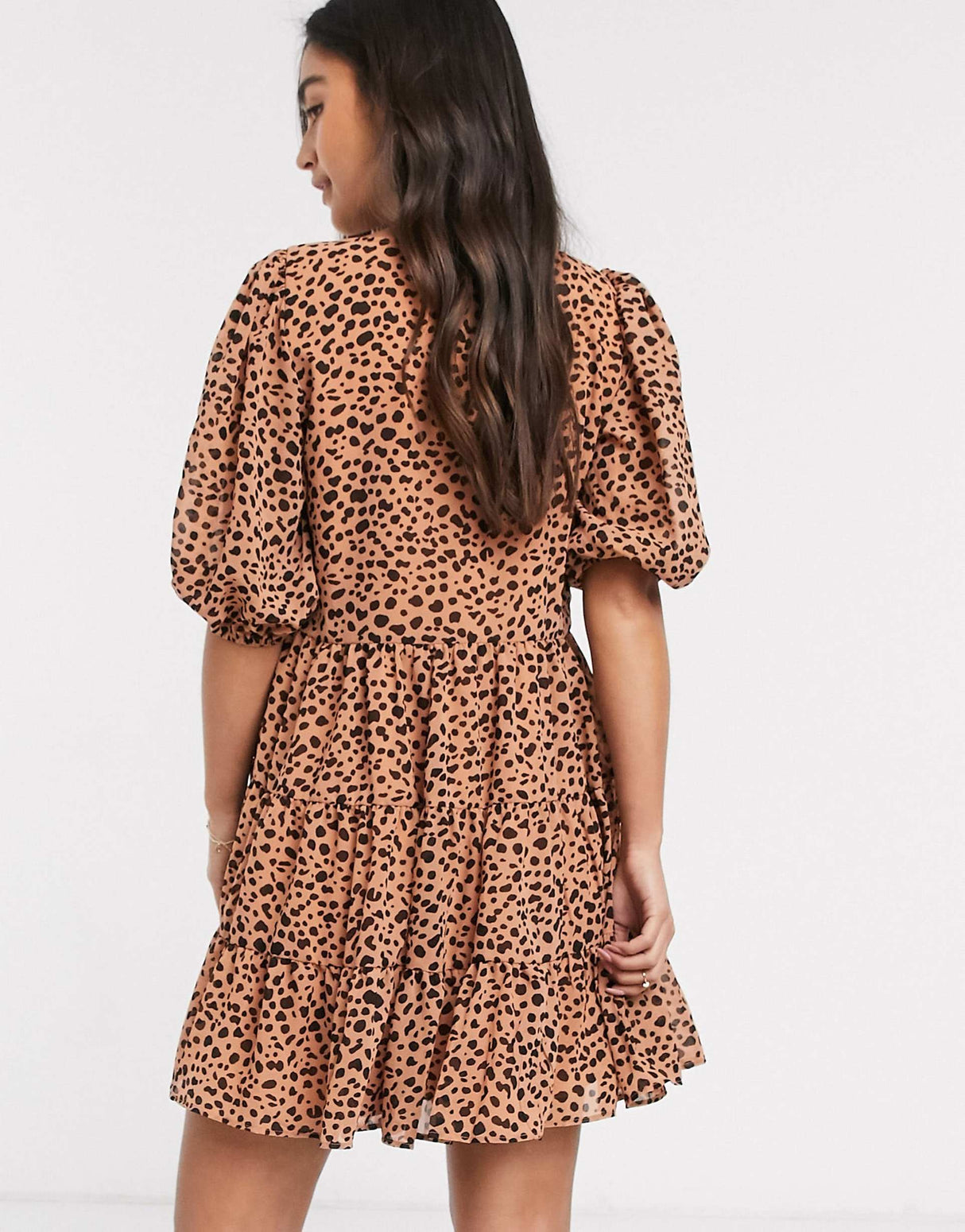 Asos Design Shirred Mini Tiered Smock Dress With V Neck In Spot Print