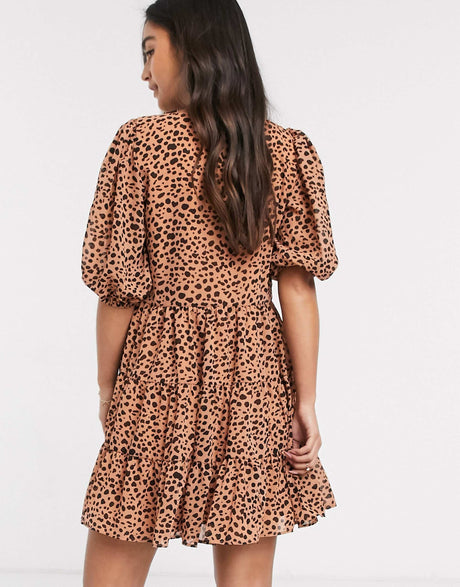 Asos Design Shirred Mini Tiered Smock Dress With V Neck In Spot Print