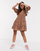 Asos Design Shirred Mini Tiered Smock Dress With V Neck In Spot Print