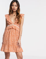 Asos Design Tiered Mini Sundress With Frill Lace Inserts In Ditsy Floral Print