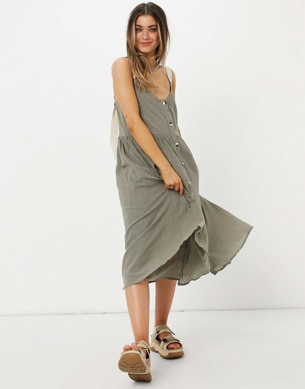 Asos Design Button Through Smock Midi Sundress With Grosgrain Straps In Khaki