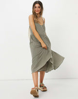 Asos Design Button Through Smock Midi Sundress With Grosgrain Straps In Khaki