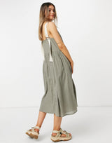 Asos Design Button Through Smock Midi Sundress With Grosgrain Straps In Khaki