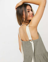 Asos Design Button Through Smock Midi Sundress With Grosgrain Straps In Khaki