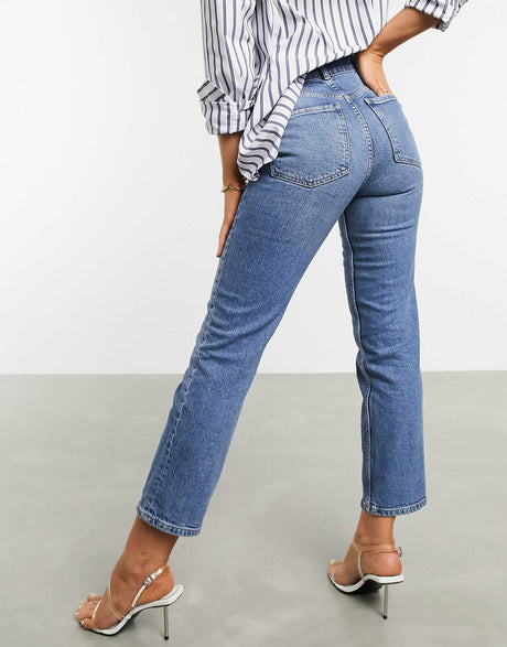 Asos Design High Rise Stretch 'Slim' Straight Leg Jeans In Midwash