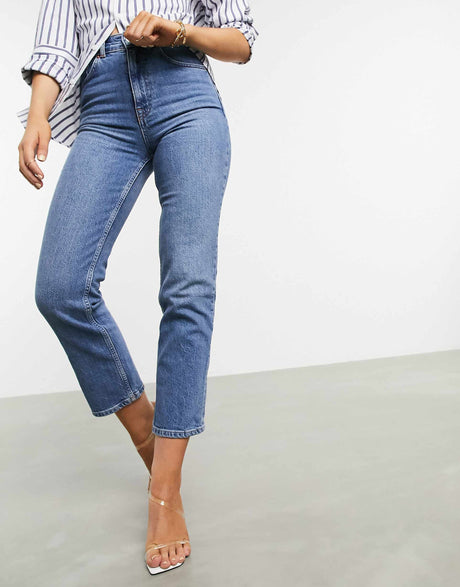 Asos Design High Rise Stretch 'Slim' Straight Leg Jeans In Midwash