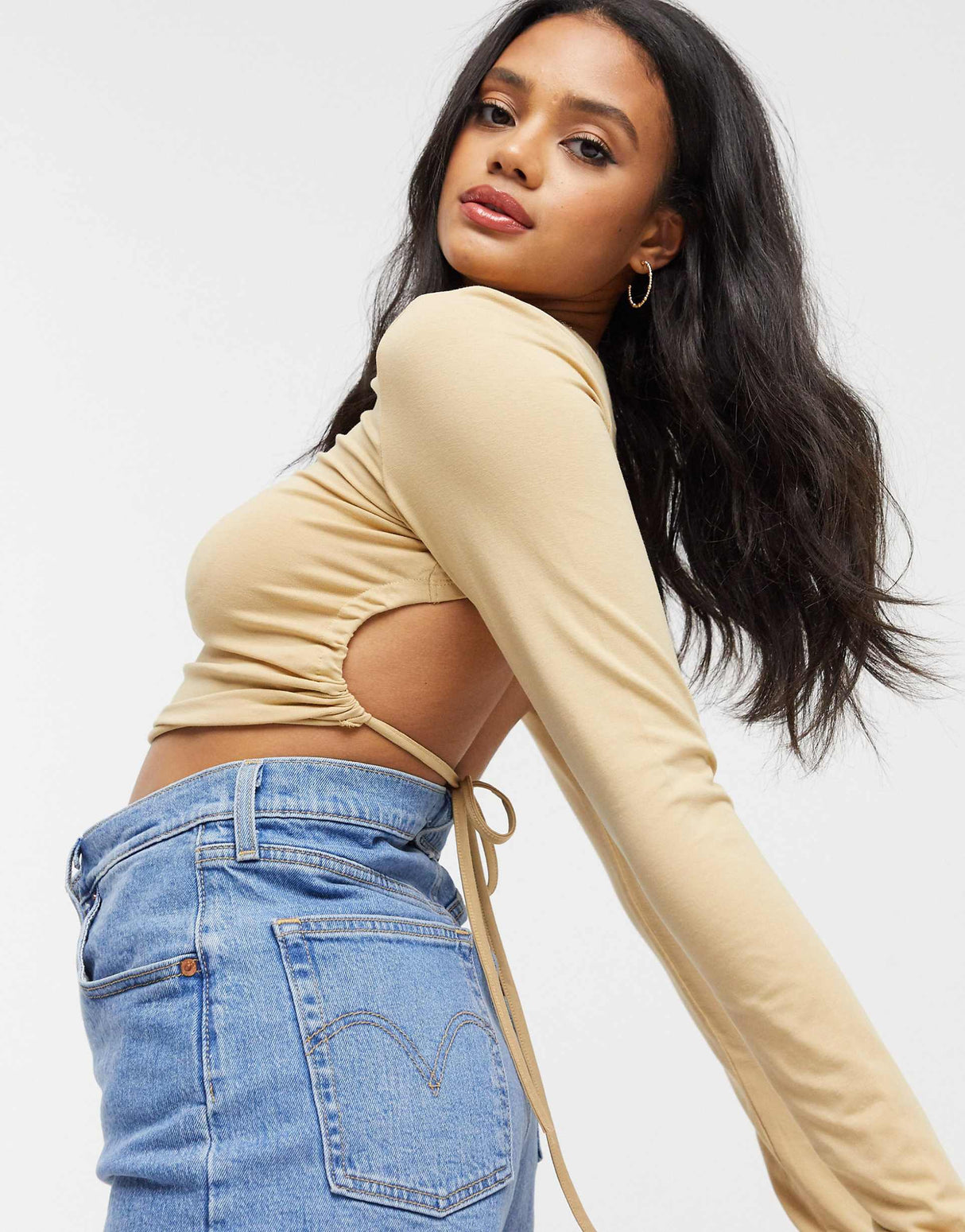 Asos Design Long Sleeve Top With Open Back And Tie