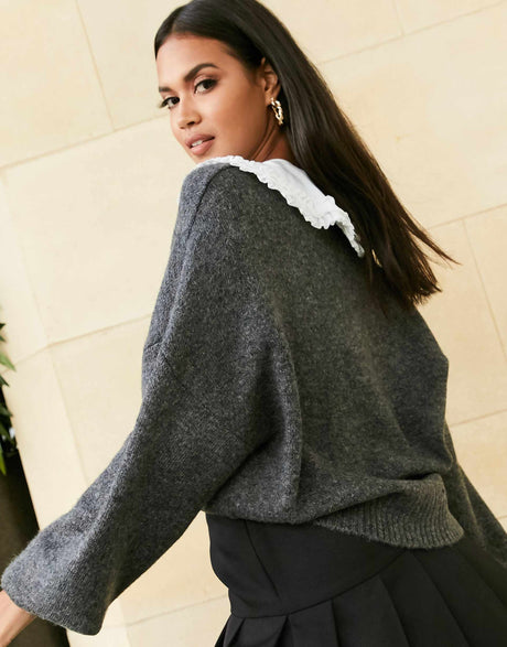 Asos Design Jumper With Detachable Collar Detail In Grey