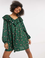Asos Design Long Sleeve V Neck With Tie Neck Detail In Forest Green And Pink Floral