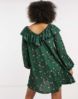 Asos Design Long Sleeve V Neck With Tie Neck Detail In Forest Green And Pink Floral