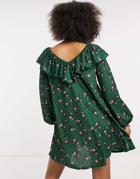 Asos Design Long Sleeve V Neck With Tie Neck Detail In Forest Green And Pink Floral