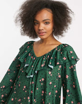 Asos Design Long Sleeve V Neck With Tie Neck Detail In Forest Green And Pink Floral