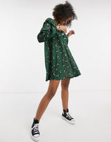 Asos Design Long Sleeve V Neck With Tie Neck Detail In Forest Green And Pink Floral