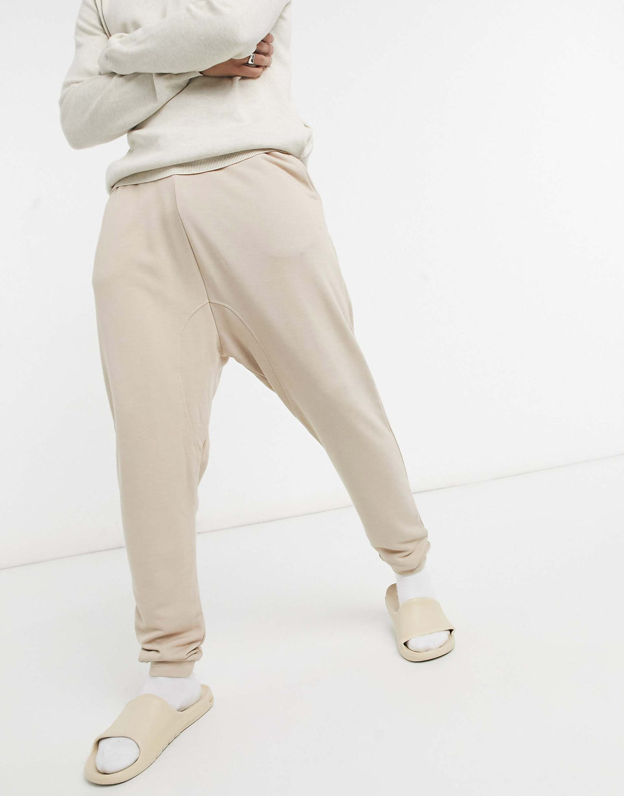 Asos Design Super Soft Viscose Drop Crotch Joggers In Beige