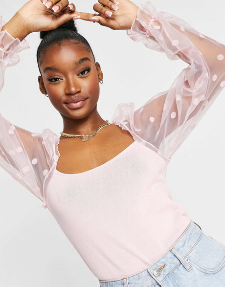 Asos Design Jumper With Spot Organza Sleeve