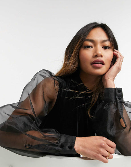 & Other Stories Velvet Mini Dress With Organza Sleeves In Black