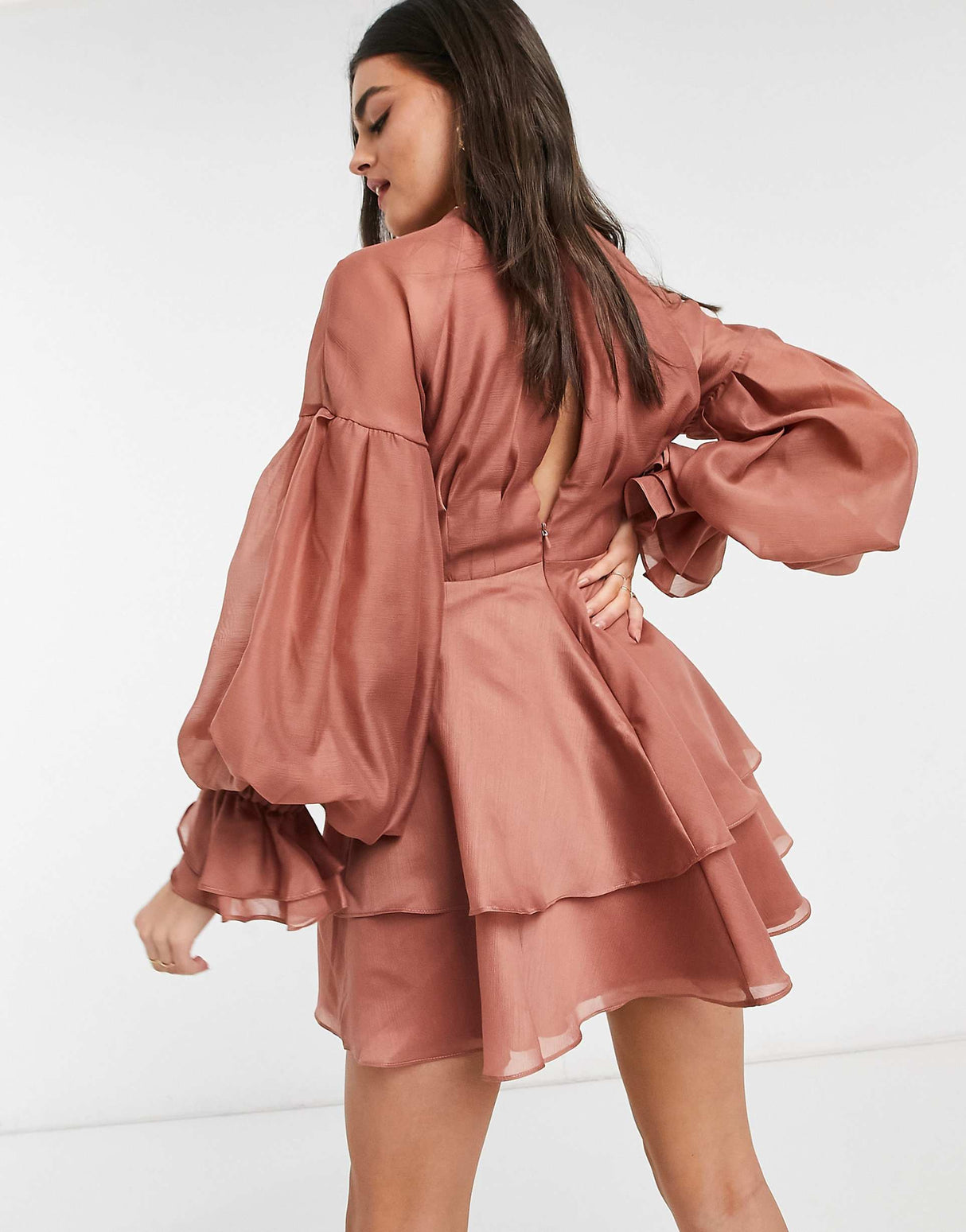Asos Design Pleated Mini Dress With Blouson Sleeve And Cuff Detail In Rose