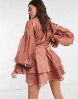 Asos Design Pleated Mini Dress With Blouson Sleeve And Cuff Detail In Rose