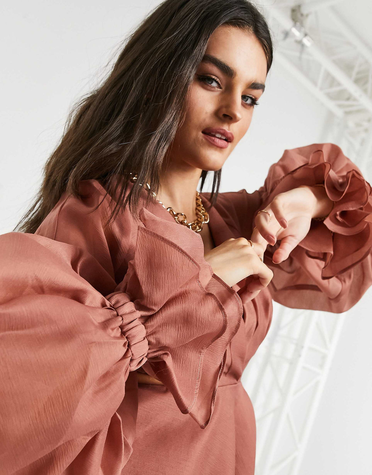 Asos Design Pleated Mini Dress With Blouson Sleeve And Cuff Detail In Rose