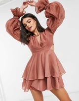 Asos Design Pleated Mini Dress With Blouson Sleeve And Cuff Detail In Rose