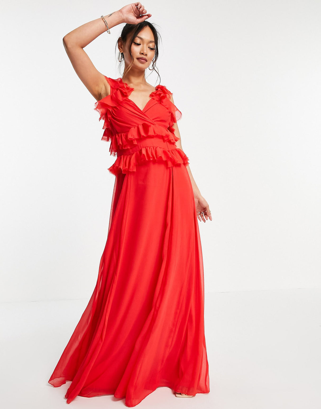Asos Design Tiered Ruffle Maxi Dress With Tie Back In Red