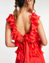 Asos Design Tiered Ruffle Maxi Dress With Tie Back In Red