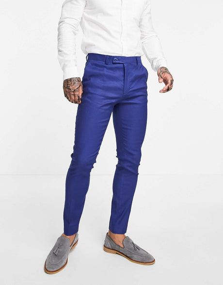 Asos Design Wedding Super Skinny Suit Trousers In Navy Linen Mix
