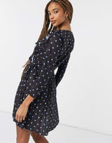 Asos Design Long Sleeve Pleated Mini Wrap Dress In Black And Purple Spot