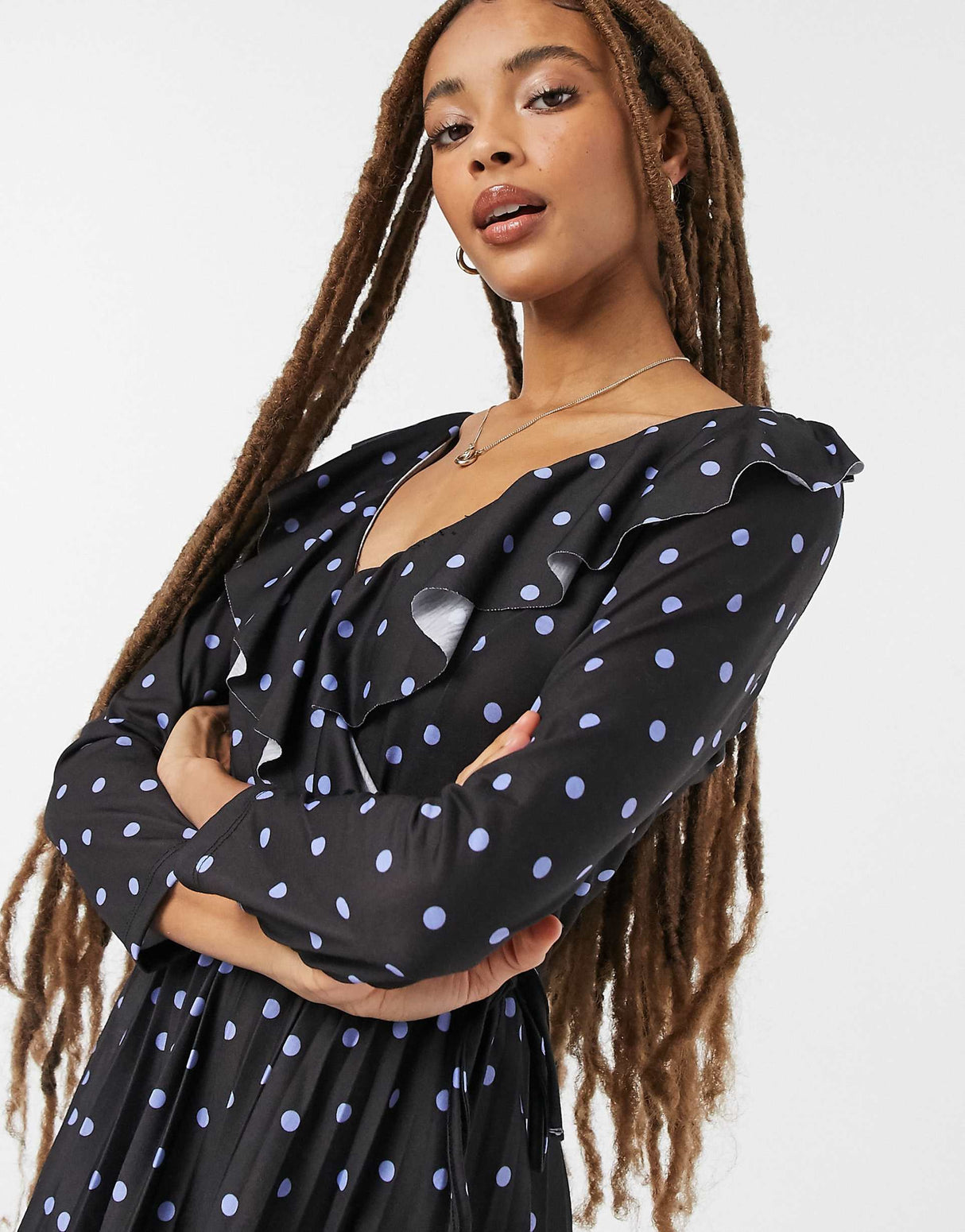 Asos Design Long Sleeve Pleated Mini Wrap Dress In Black And Purple Spot