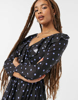 Asos Design Long Sleeve Pleated Mini Wrap Dress In Black And Purple Spot