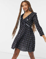 Asos Design Long Sleeve Pleated Mini Wrap Dress In Black And Purple Spot