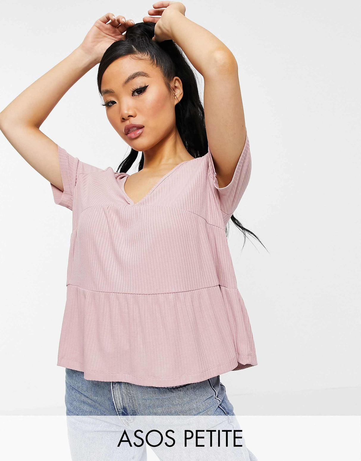 Asos Design Petite Tiered Smock In Rib With V Neck In Dusty Pink