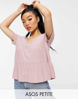 Asos Design Petite Tiered Smock In Rib With V Neck In Dusty Pink